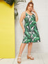 Plus V-neck Tropical Print Slip Dress